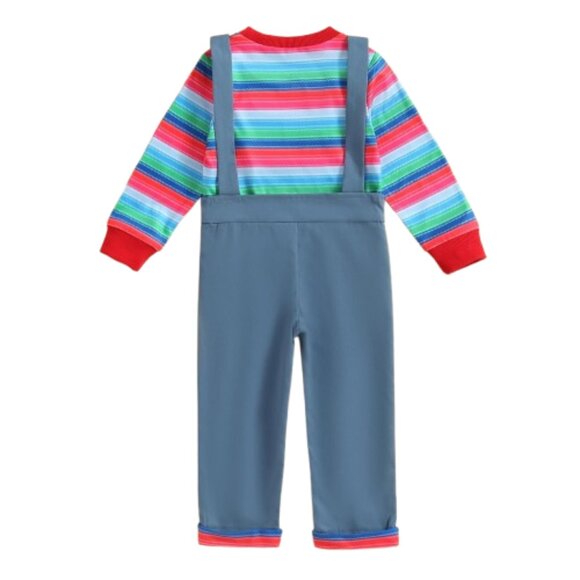 Halloween Chucky Boy Costume Long Sleeve Striped Top Blue Jumpsuit Cosplay Set - Picture 3 of 6